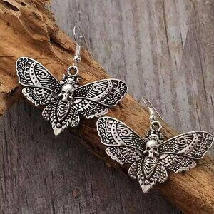 Gothic Butterfly Moth Skull Dangle Drop Earrings